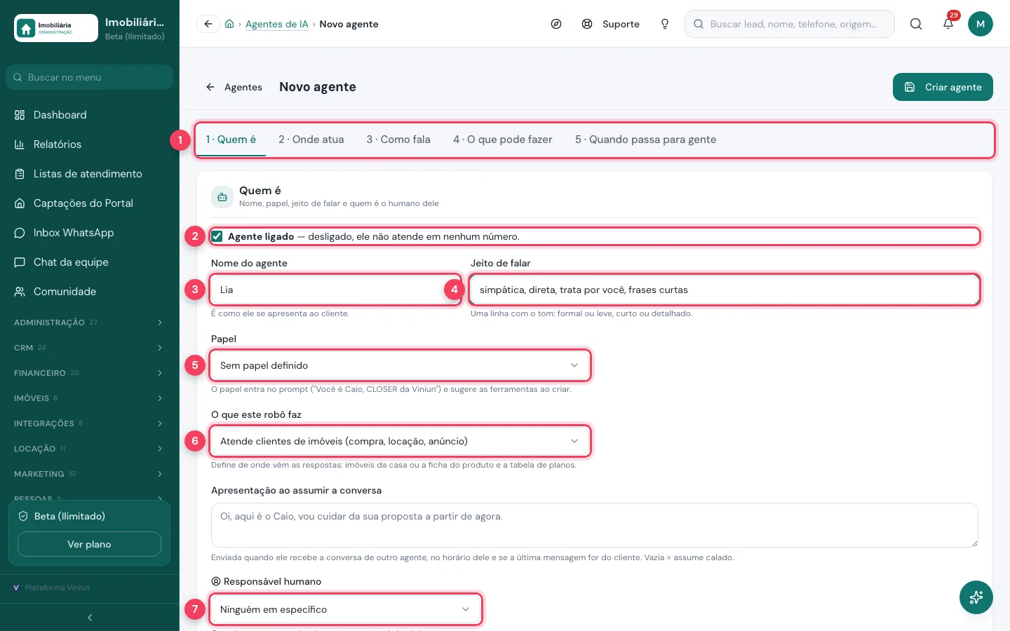 Aba Quem é do formulário de novo agente de IA