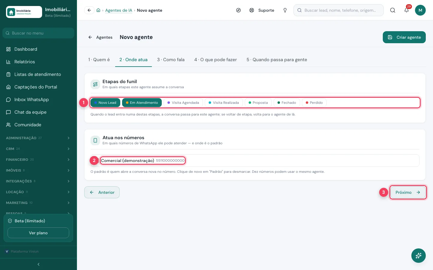 Aba Onde atua com etapas do funil e números de WhatsApp
