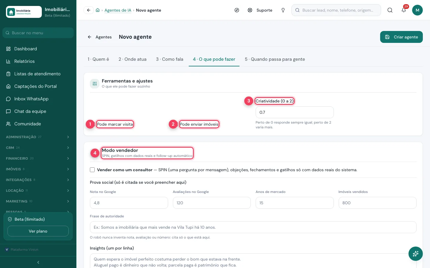 Aba O que pode fazer com ferramentas e modo vendedor