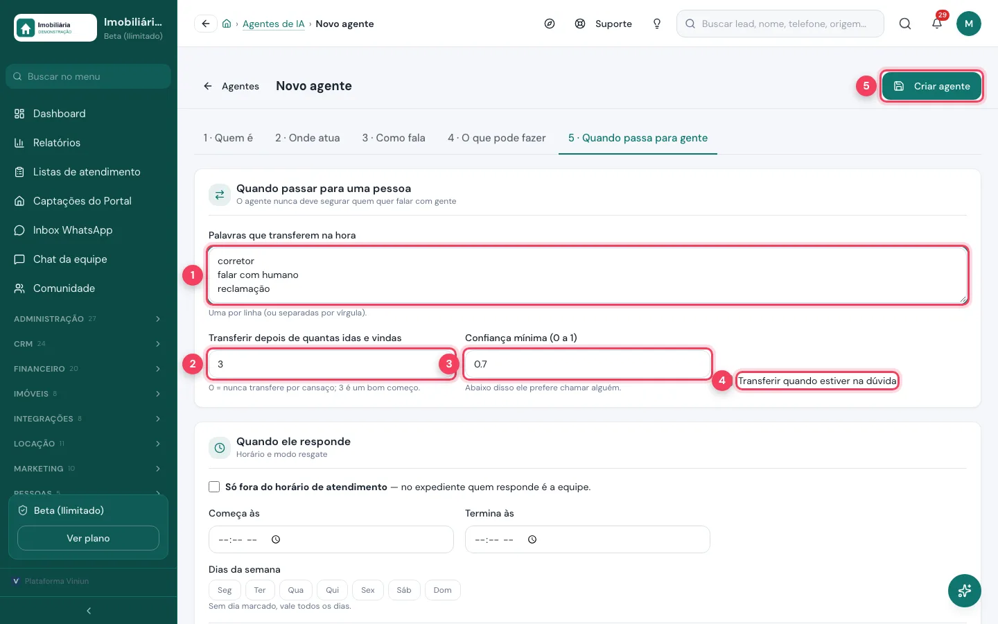 Aba Quando passa para gente com palavras de transferência e botão Criar agente