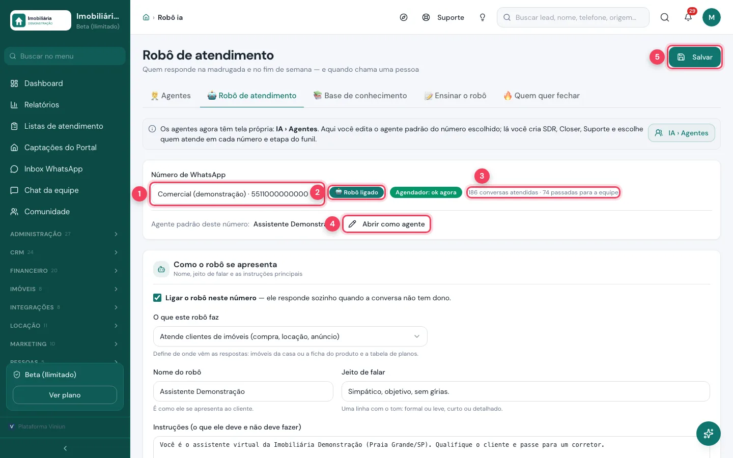 Tela Robô de atendimento com número, status e agente padrão