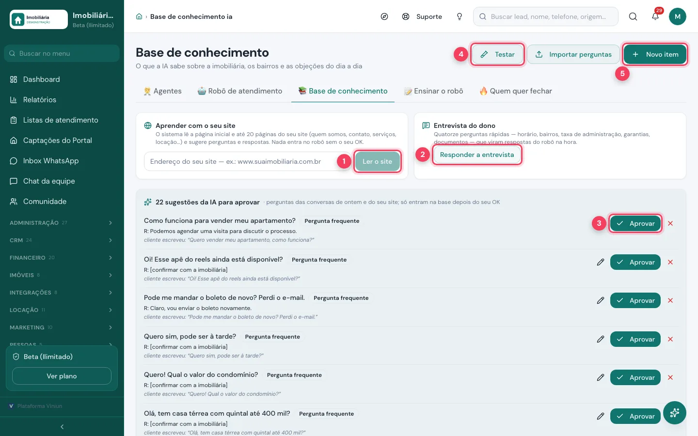 Base de conhecimento com Ler o site, entrevista e sugestões para aprovar
