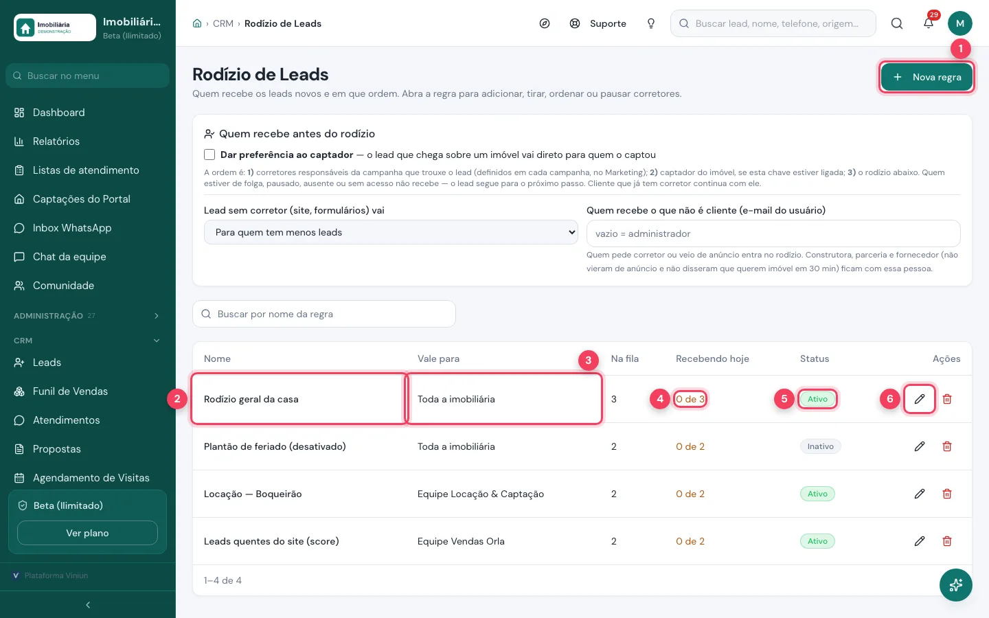Tela Rodízio de Leads com o botão Nova regra e a lista de regras marcados
