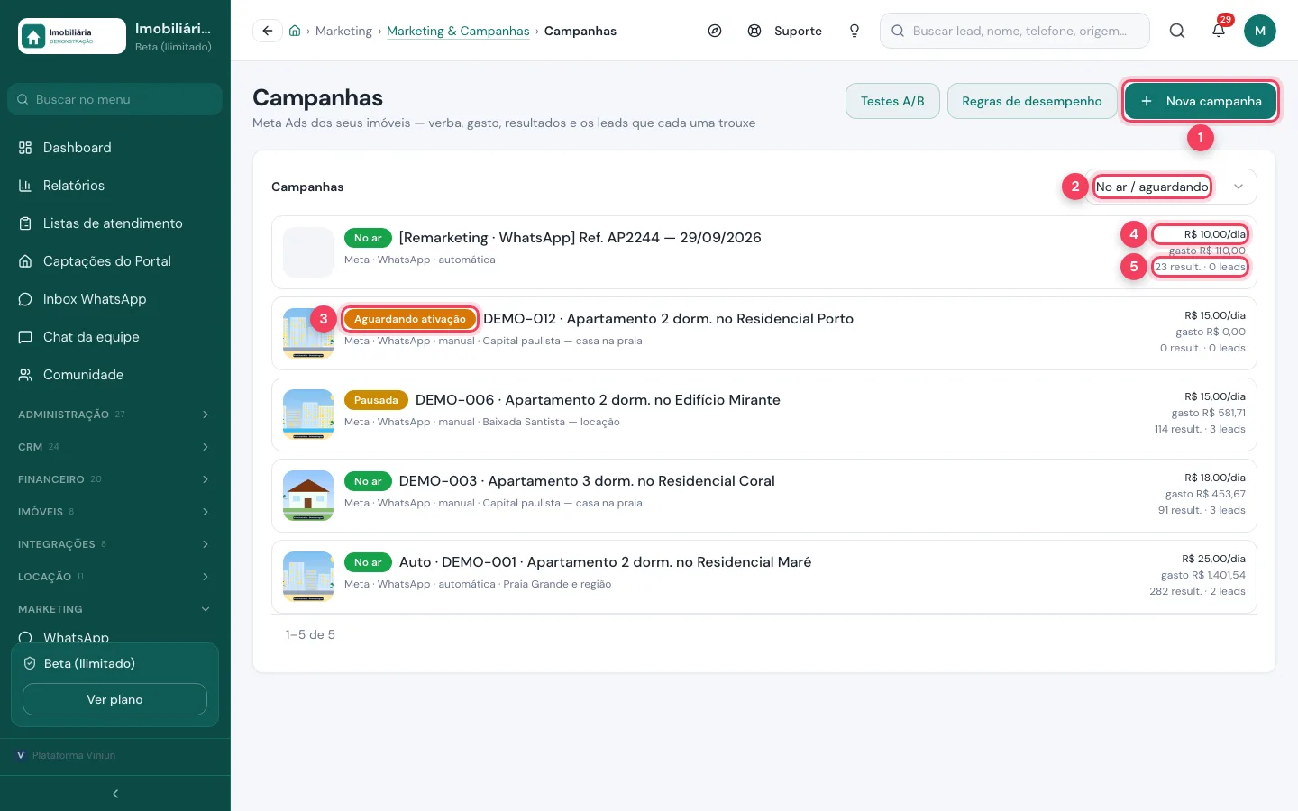 Lista de campanhas da Viniun com o botão Nova campanha, o filtro e os números de cada campanha marcados
