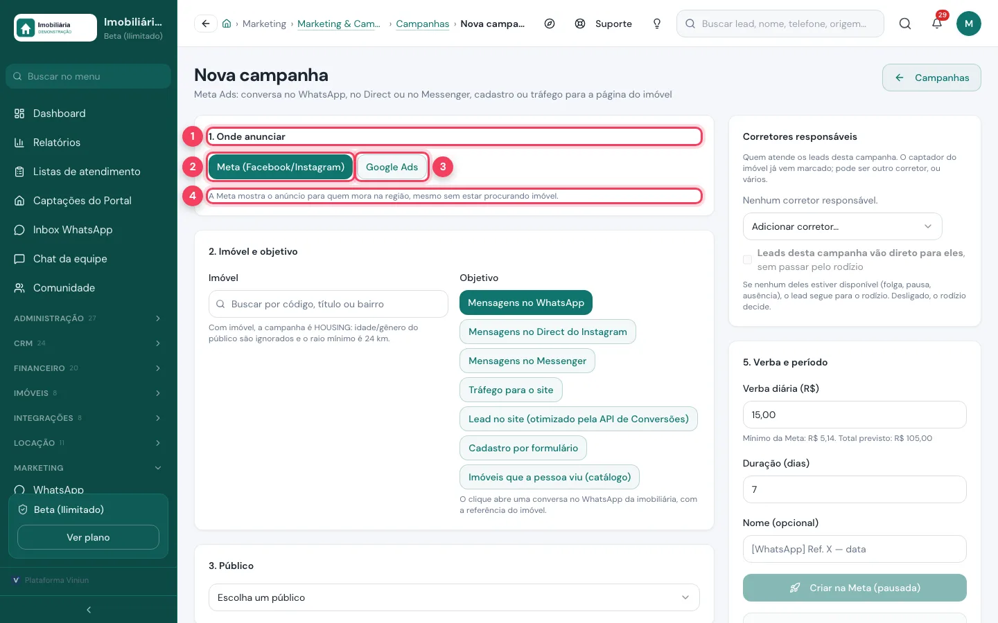 Seção Onde anunciar com os botões Meta e Google Ads marcados