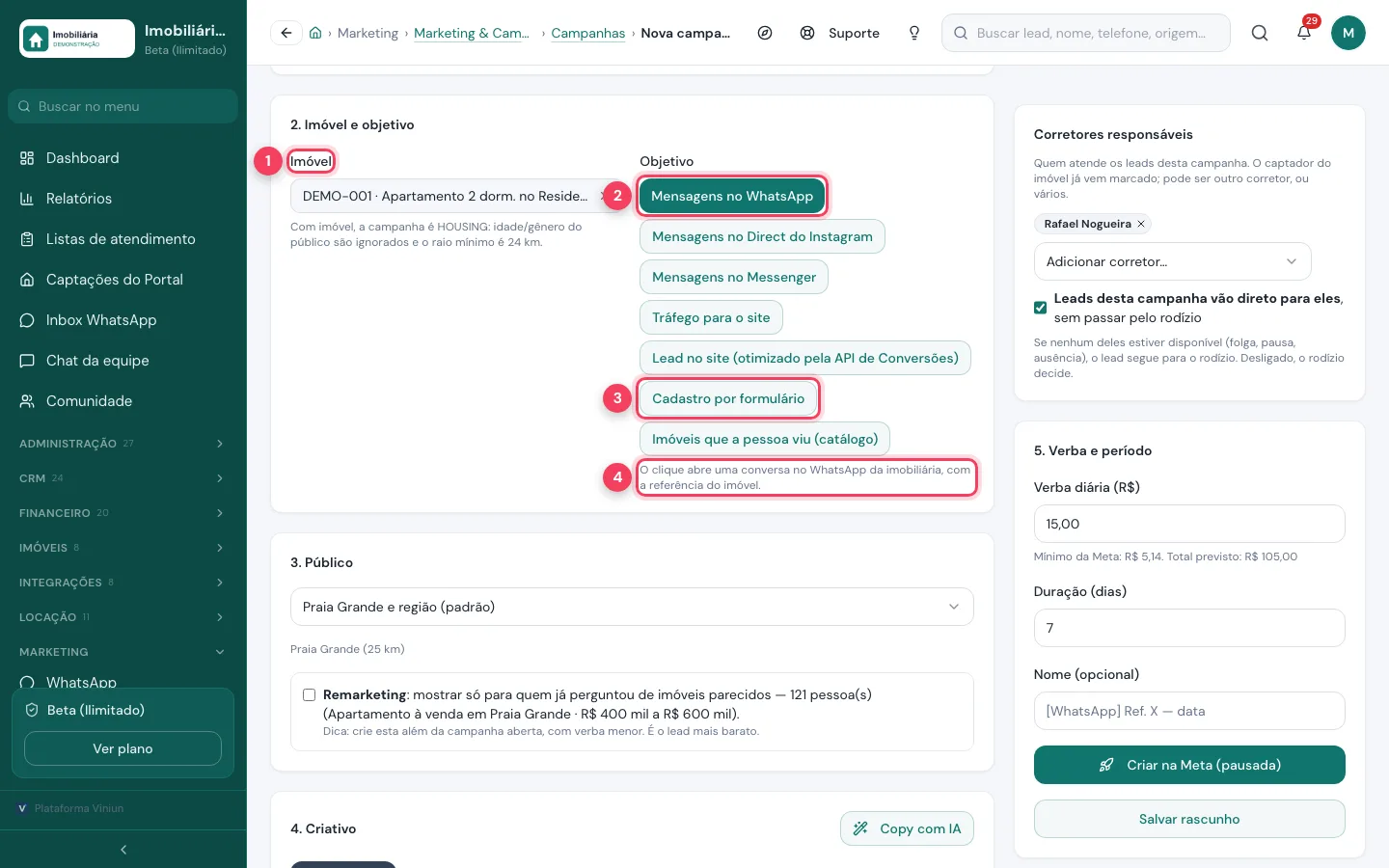Seção Imóvel e objetivo com o imóvel escolhido, Mensagens no WhatsApp e Cadastro por formulário marcados