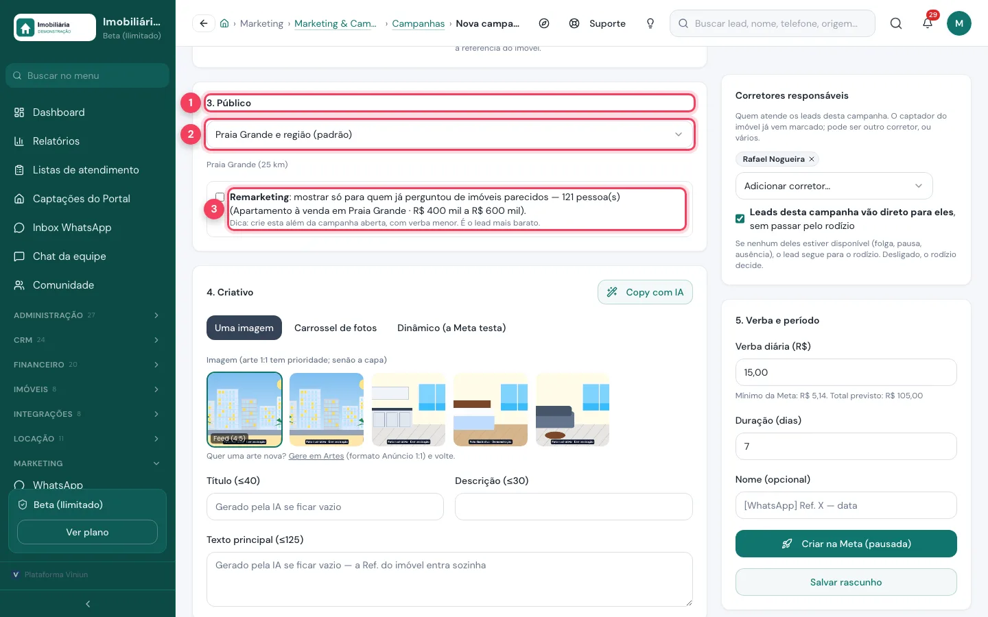 Seção Público com o público escolhido e a opção Remarketing marcados