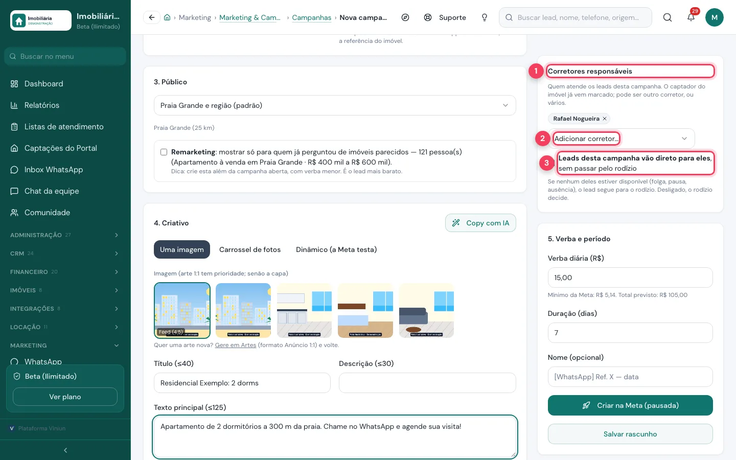 Cartão Corretores responsáveis com Adicionar corretor e a opção de leads direto para eles marcados