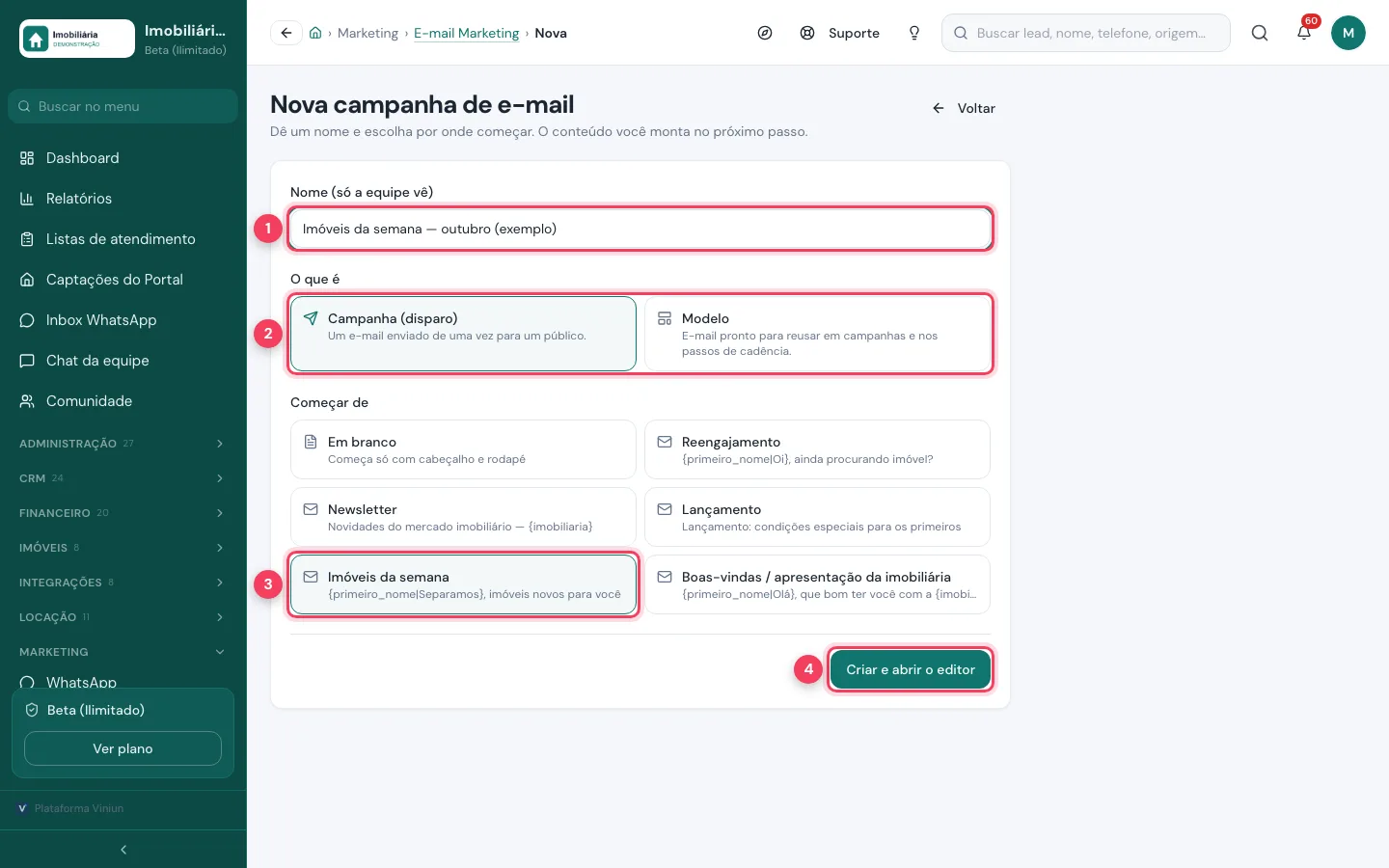 Tela Nova campanha de e-mail com nome, tipo Campanha e o modelo Imóveis da semana escolhido