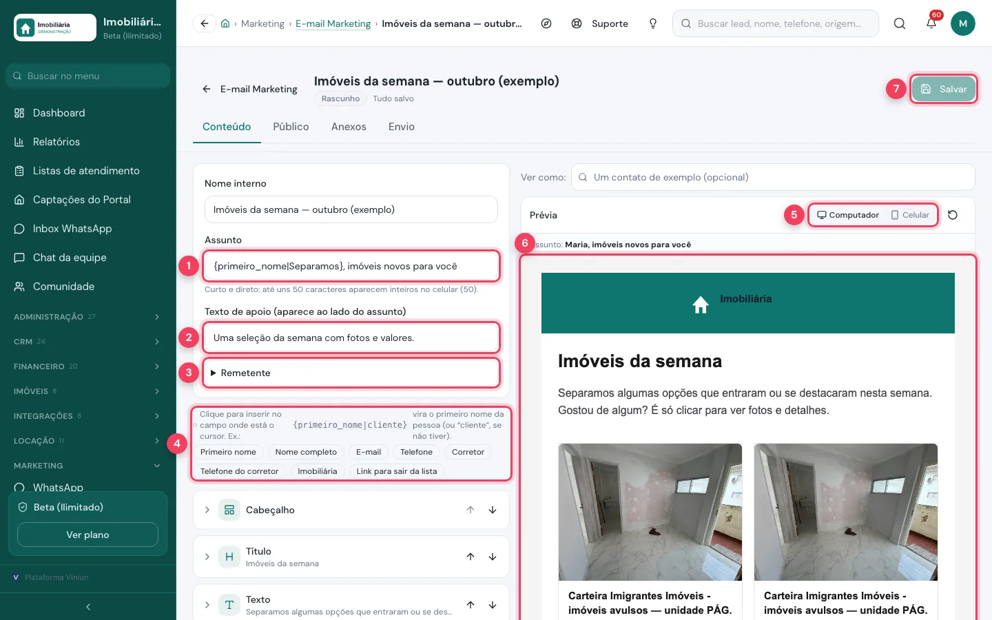 Editor de e-mail com assunto, texto de apoio, remetente, variáveis e prévia