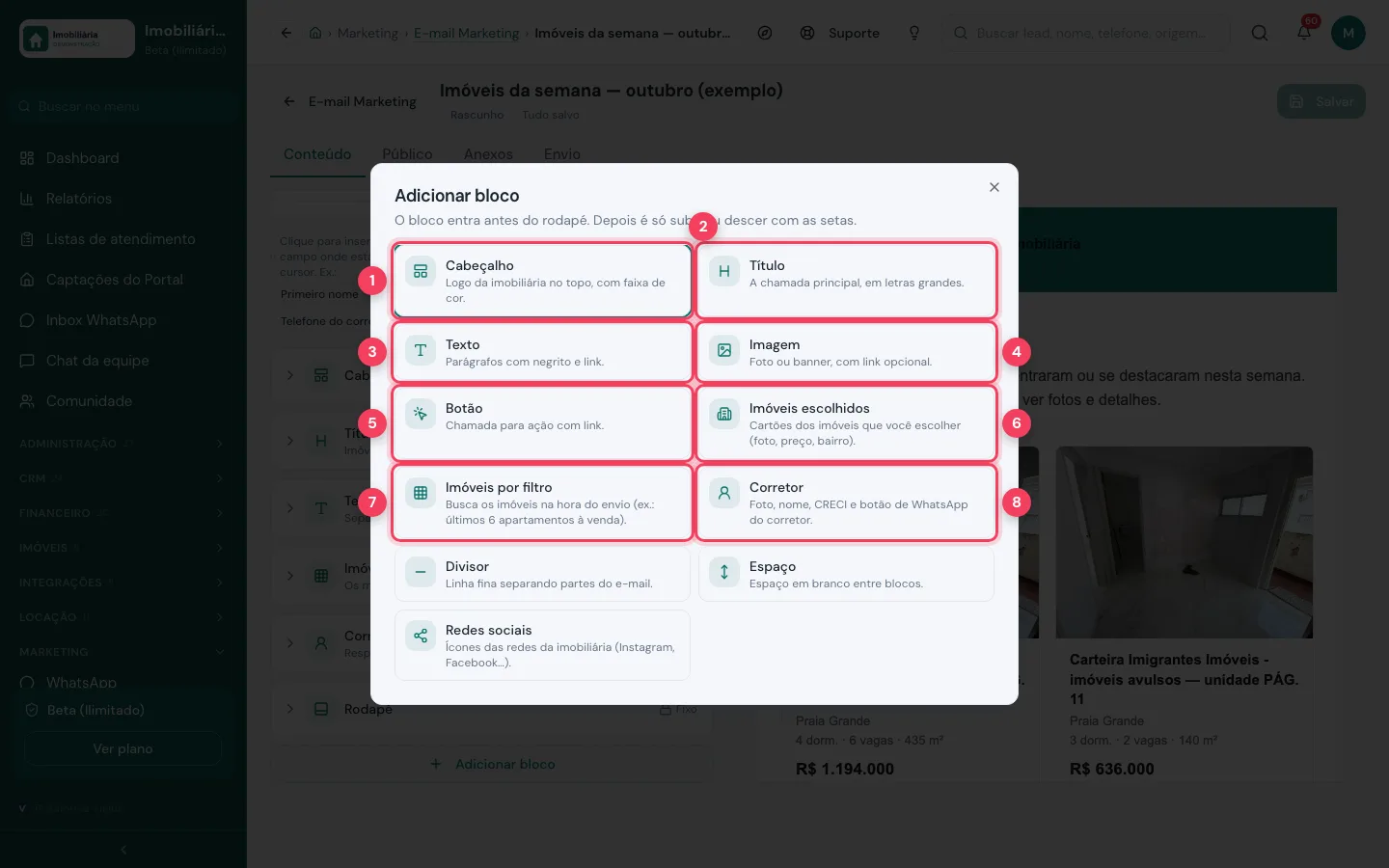 Janela Adicionar bloco com cabeçalho, título, texto, imagem, botão, imóveis escolhidos, imóveis por filtro e corretor