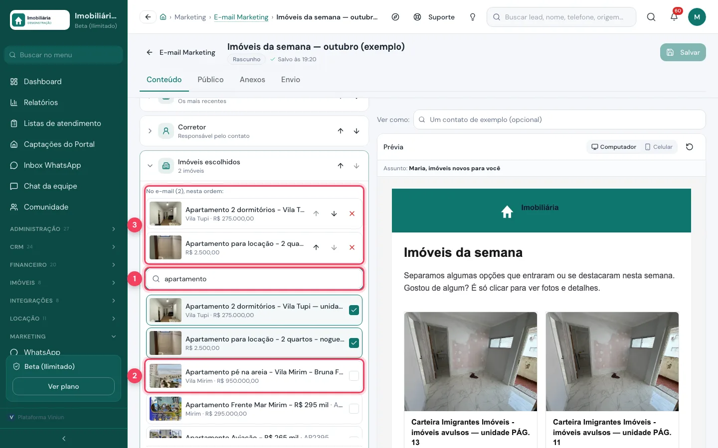 Bloco Imóveis escolhidos com a busca por apartamento e dois imóveis marcados