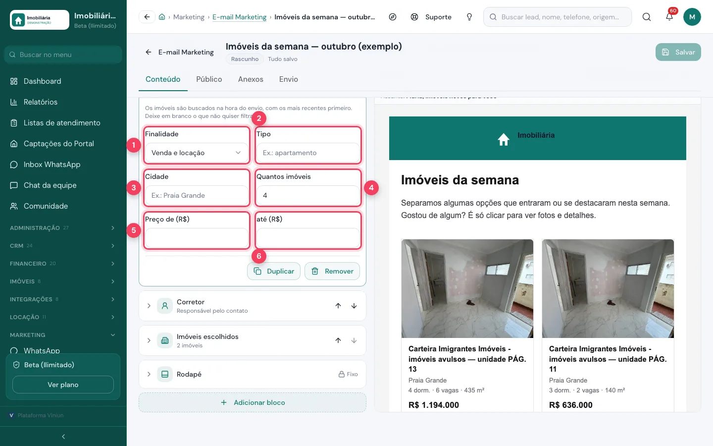 Formulário do bloco Imóveis por filtro com finalidade, tipo, cidade, quantidade e faixa de preço