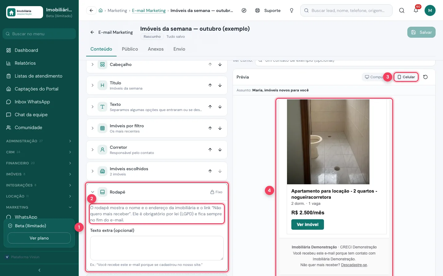 Bloco Rodapé aberto e prévia no celular mostrando o link para descadastrar