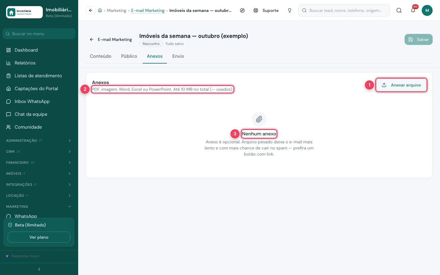 Aba Anexos com o botão Anexar arquivo e o limite de 10 MB