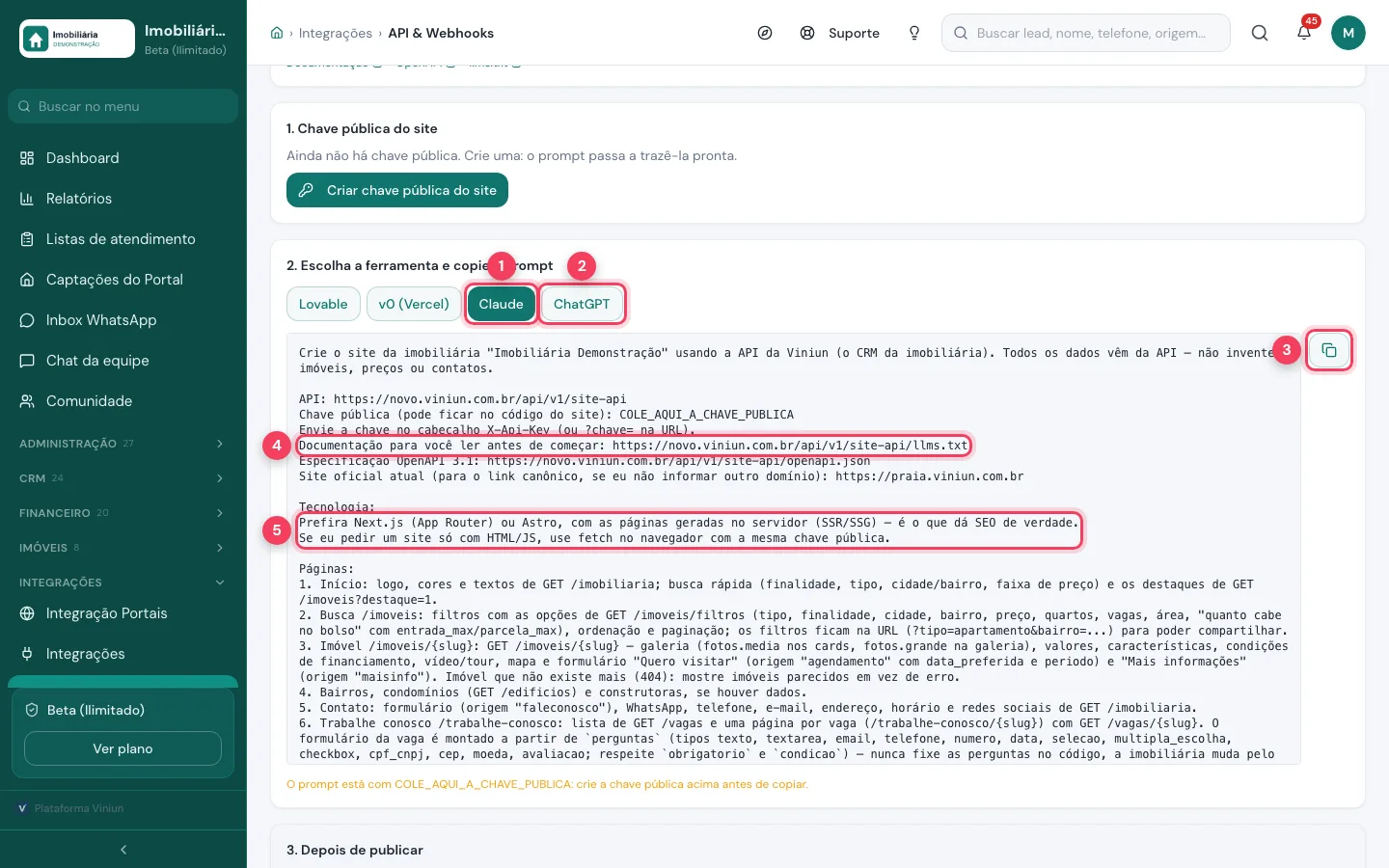 Prompt para Claude e ChatGPT na Viniun com o link da documentação e a parte de tecnologia marcados