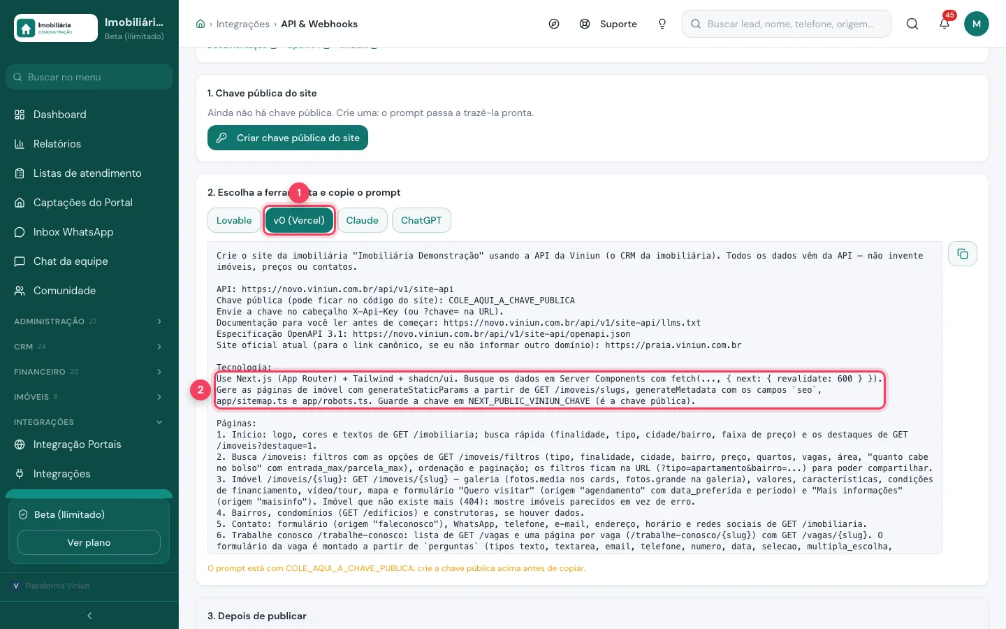 Prompt do v0 da Vercel na Viniun com a parte de tecnologia em Next.js marcada