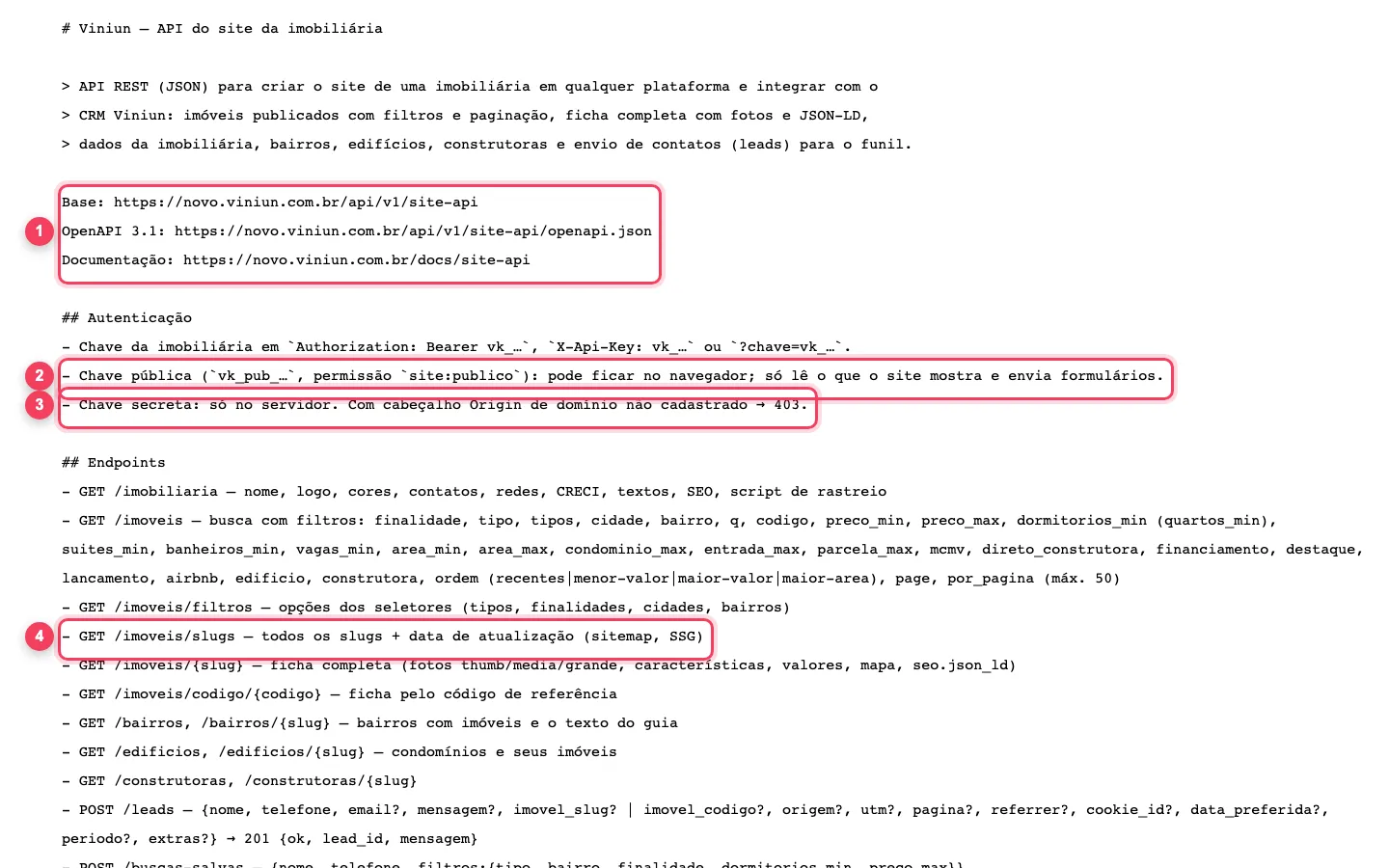 Página pública llms.txt da API do site da Viniun com endereços, chave pública, chave secreta e lista de imóveis marcados