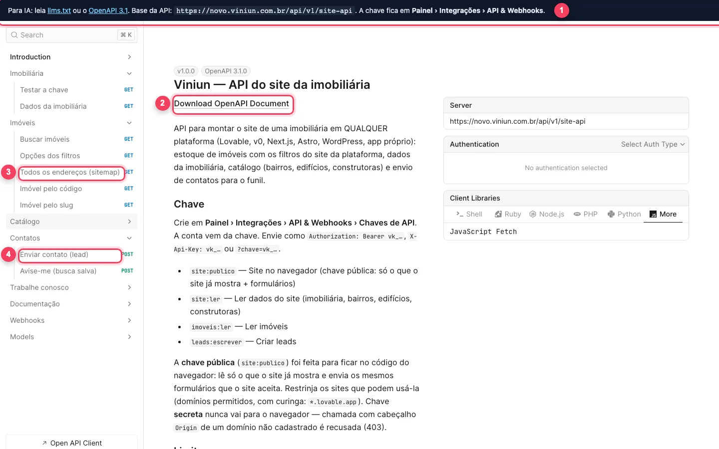 Documentação pública da API do site da Viniun com o aviso para IA e o download do OpenAPI marcados