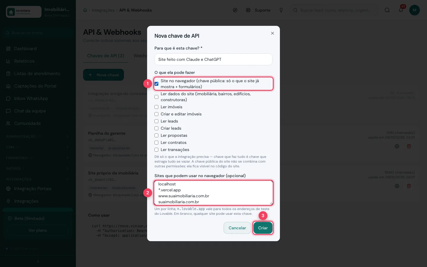 Nova chave pública com localhost, vercel.app e o domínio da imobiliária nos sites permitidos