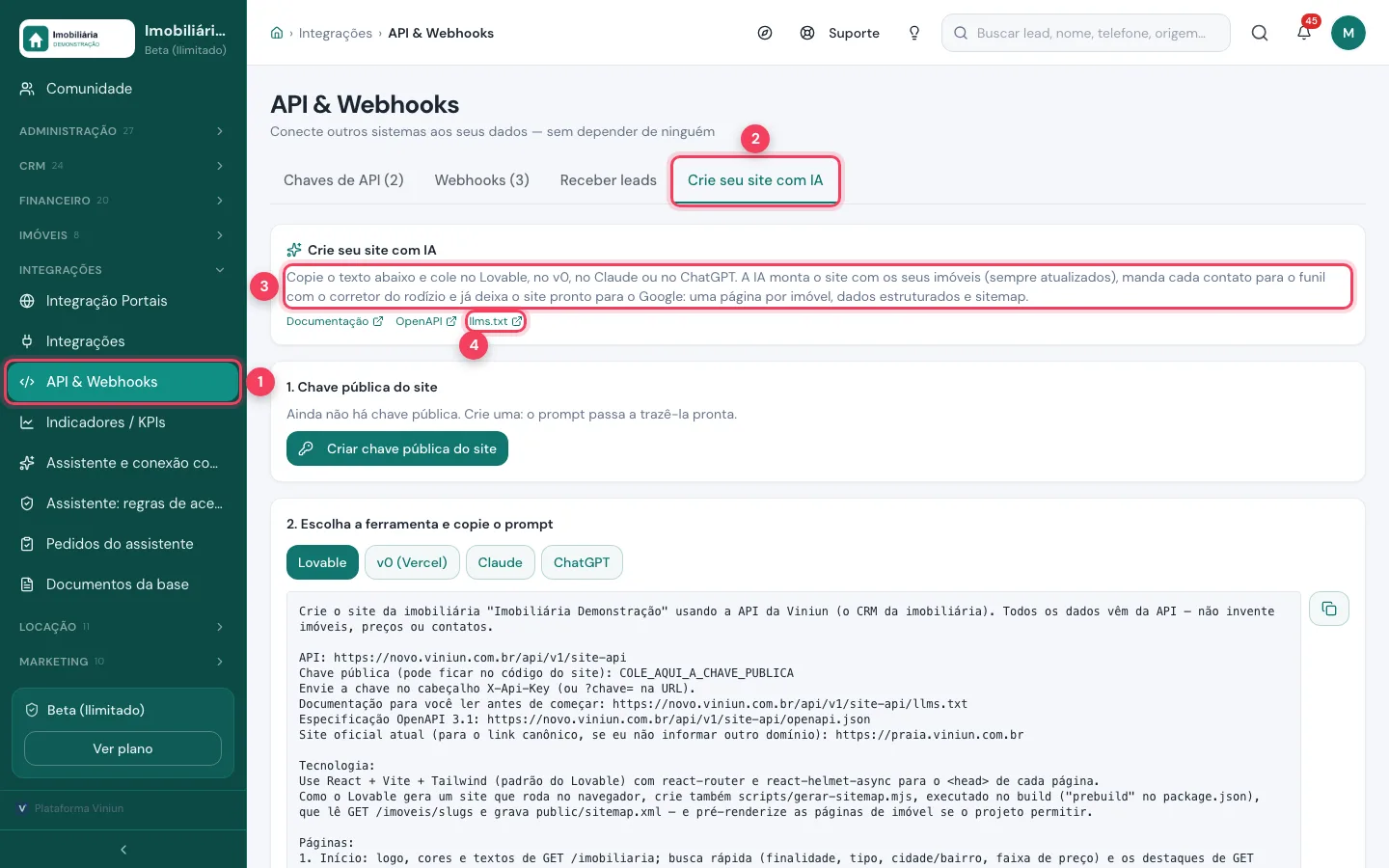 Aba Crie seu site com IA em API e Webhooks da Viniun, com o item do menu e o link llms.txt marcados