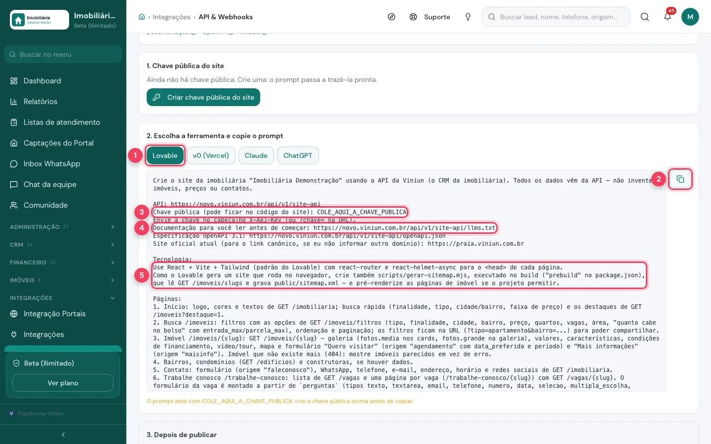 Prompt do Lovable na Viniun com a chave pública, o link do llms.txt e a parte de tecnologia marcados