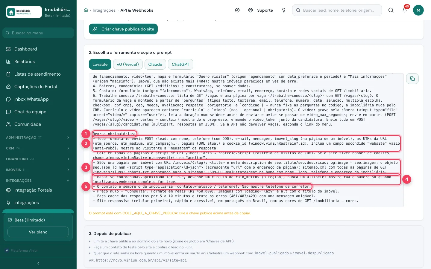 Regras obrigatórias do prompt: formulário para a Viniun, SEO, mapa aproximado e contato da imobiliária