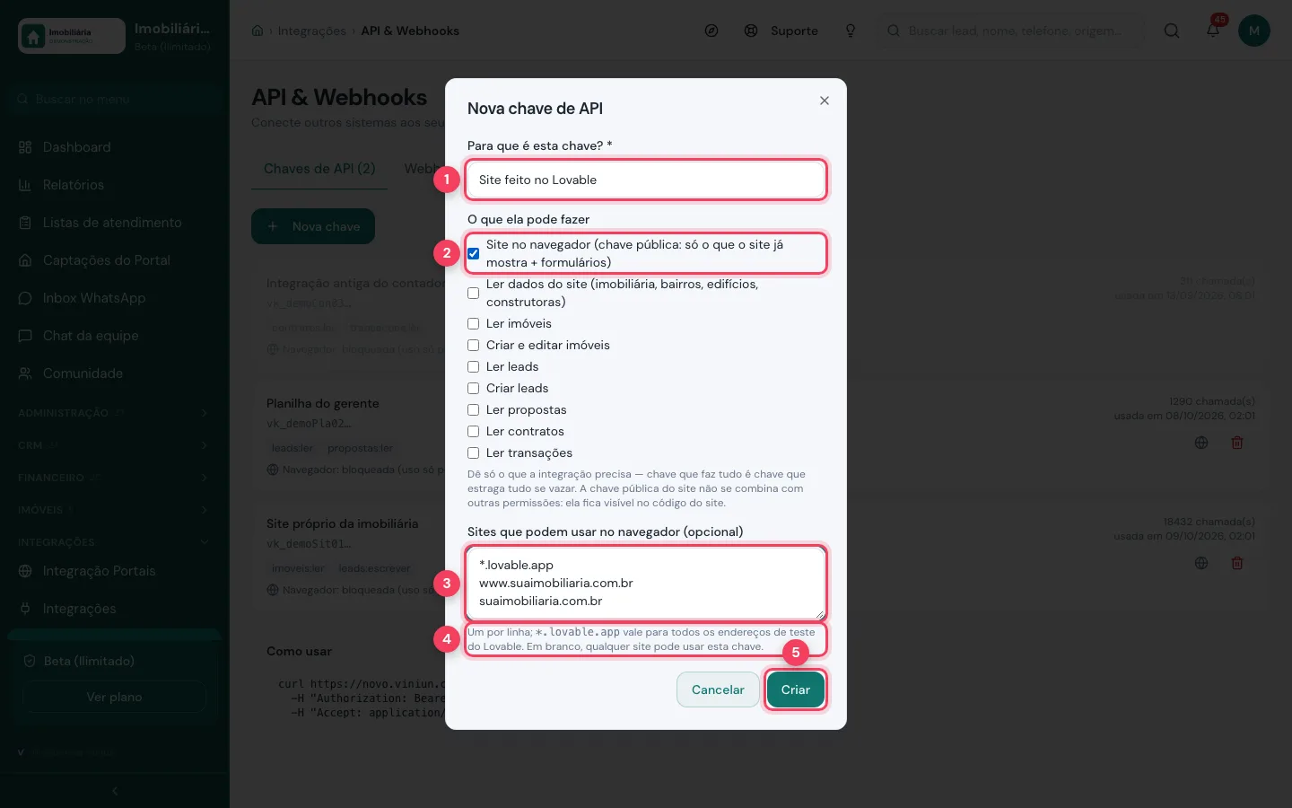 Janela Nova chave de API com a permissão Site no navegador e os domínios do Lovable e da imobiliária