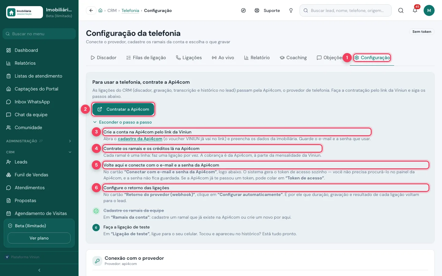 Aba Configuração da telefonia com o botão Contratar a Api4com e o passo a passo