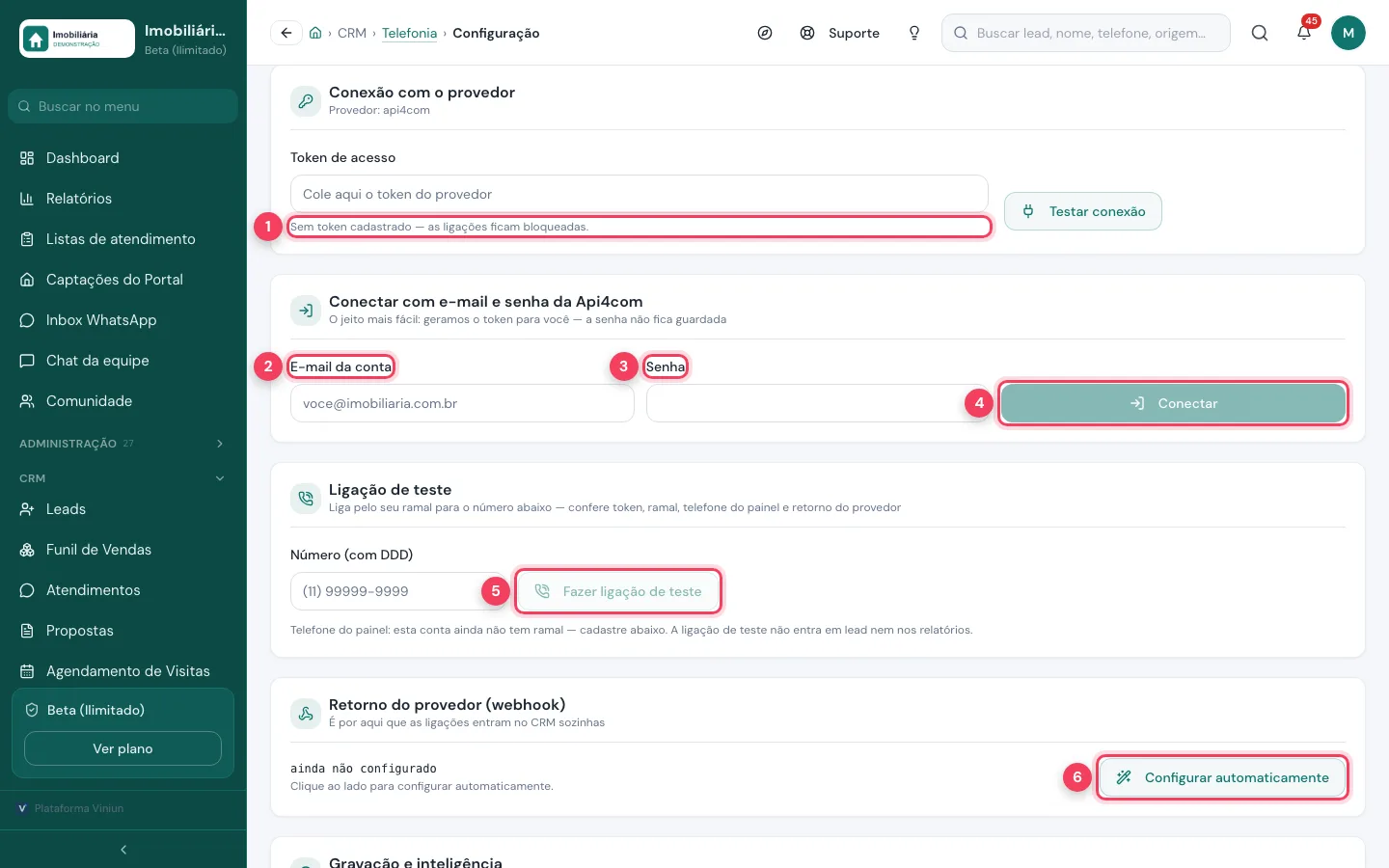 Cartões de conexão com a Api4com, ligação de teste e retorno do provedor