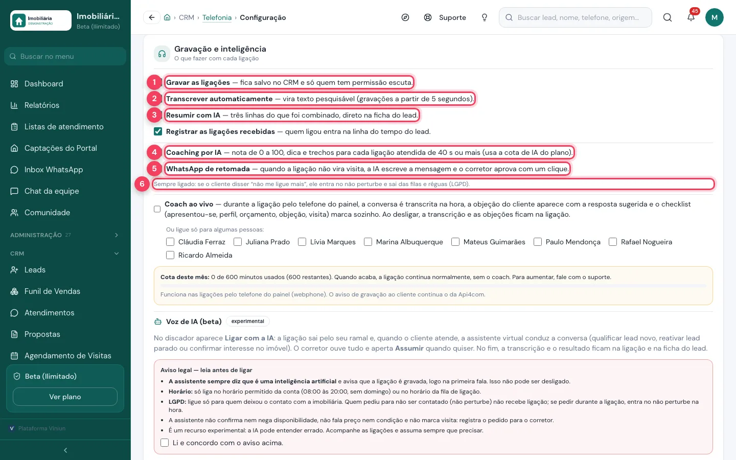 Opções de gravação, transcrição, resumo, coaching e WhatsApp de retomada