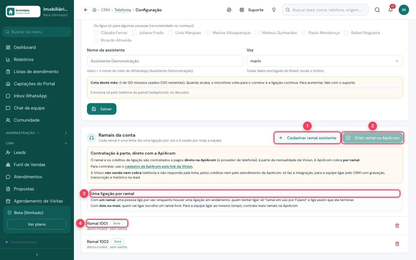 Seção Ramais da conta com os botões de cadastrar e criar ramal e a lista de ramais livres