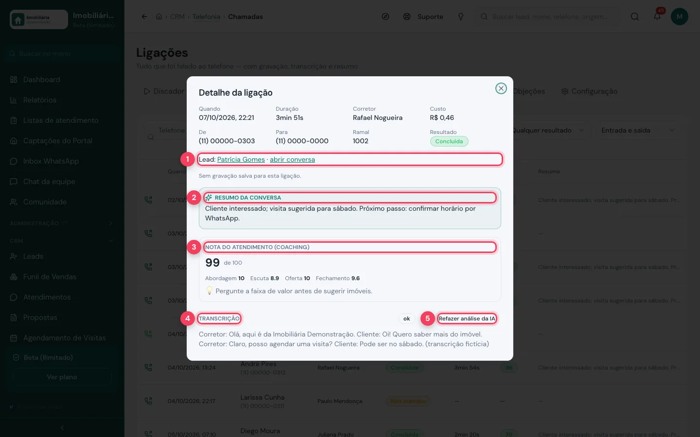 Detalhe da ligação com lead, resumo da conversa, nota do coaching e transcrição
