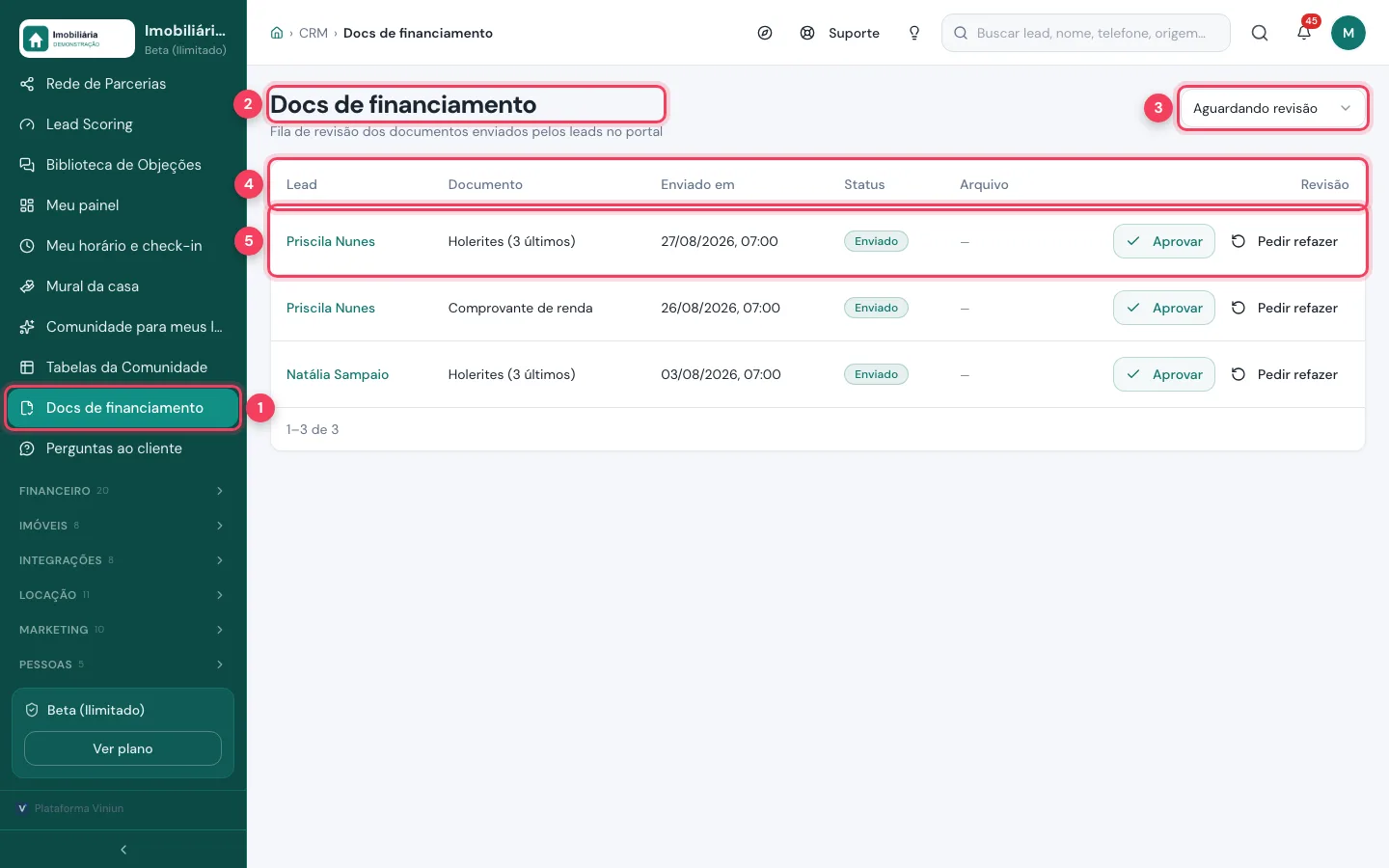 Tela Docs de financiamento da Viniun com o item do menu, o título, o filtro Aguardando revisão, o cabeçalho da tabela e a primeira linha marcados