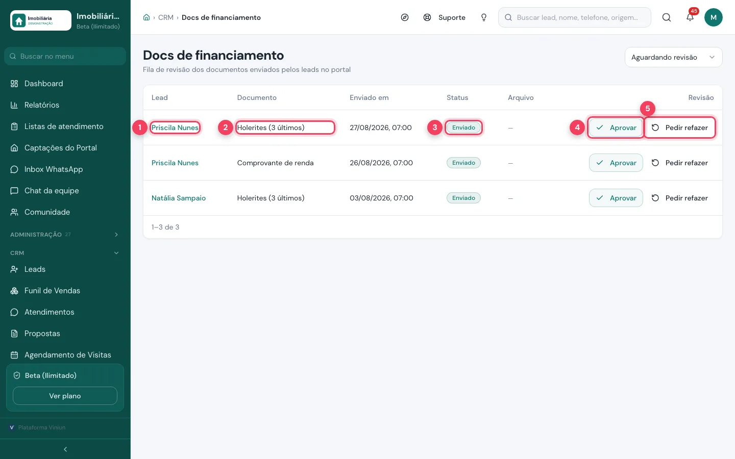Linha de um documento com o nome do lead, o tipo Holerites, o status Enviado e os botões Aprovar e Pedir refazer marcados