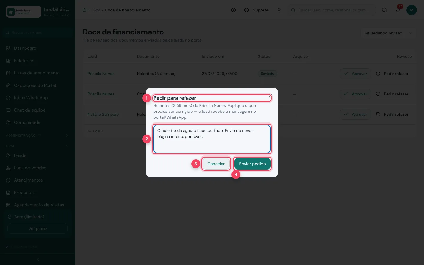 Janela Pedir para refazer com o motivo escrito e os botões Cancelar e Enviar pedido marcados