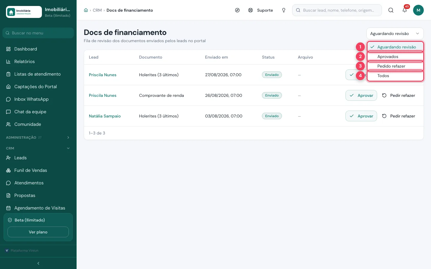 Filtro aberto com as opções Aguardando revisão, Aprovados, Pedido refazer e Todos marcadas