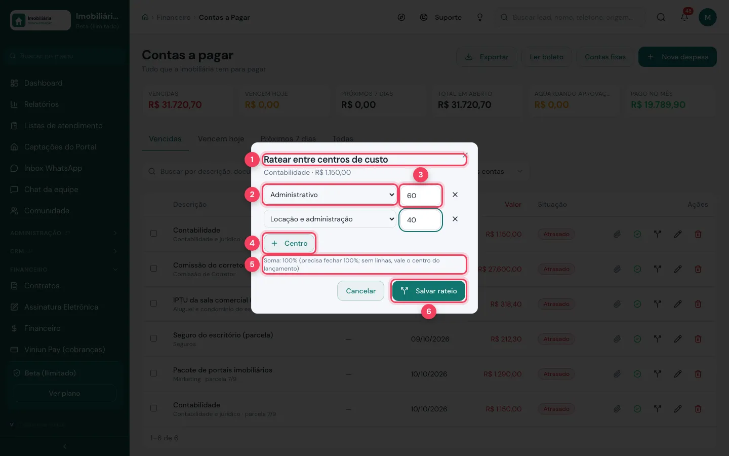 Janela Ratear entre centros de custo com duas linhas, percentuais e soma de 100%