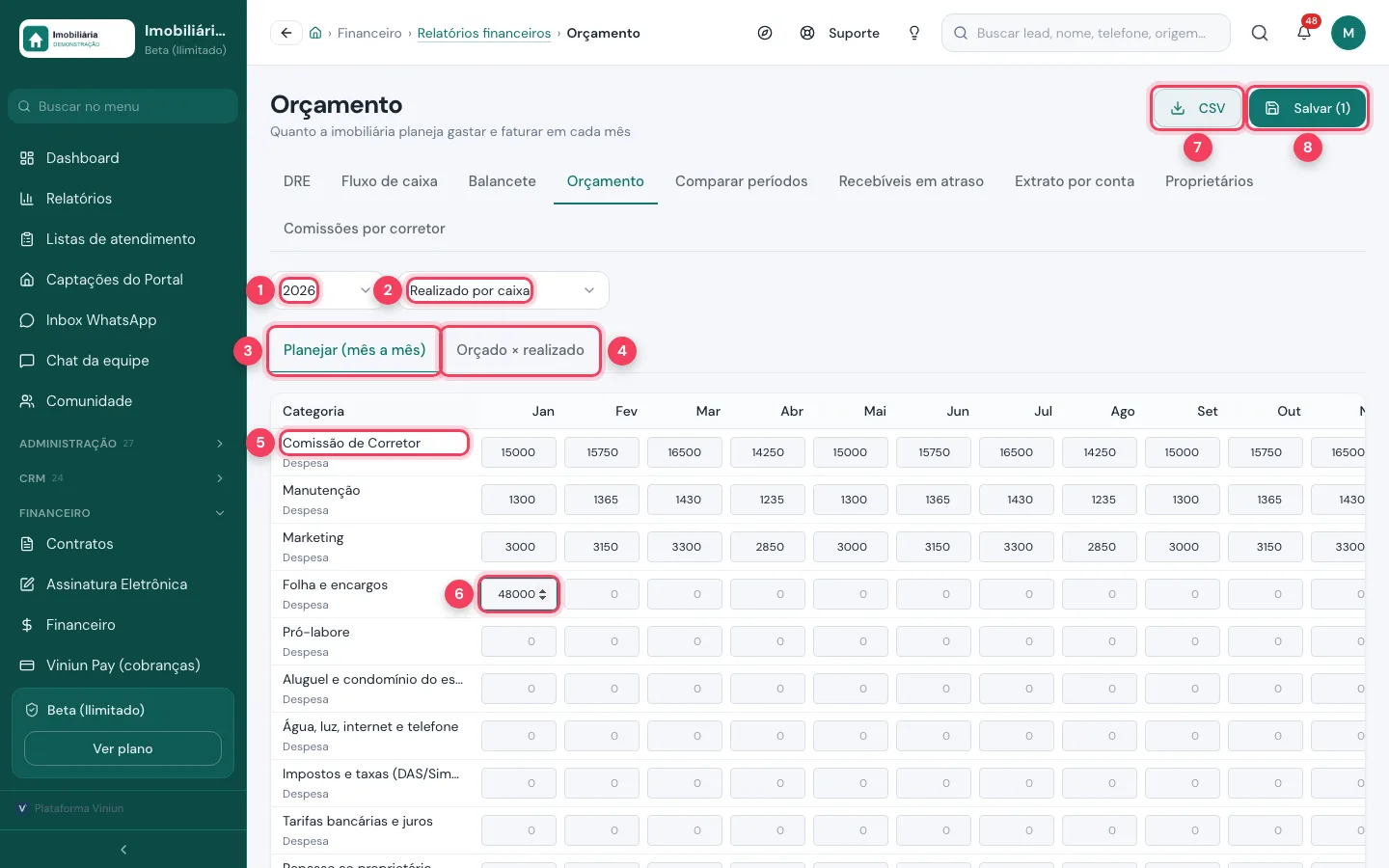 Grade de orçamento por categoria e mês com valor digitado, CSV e botão Salvar