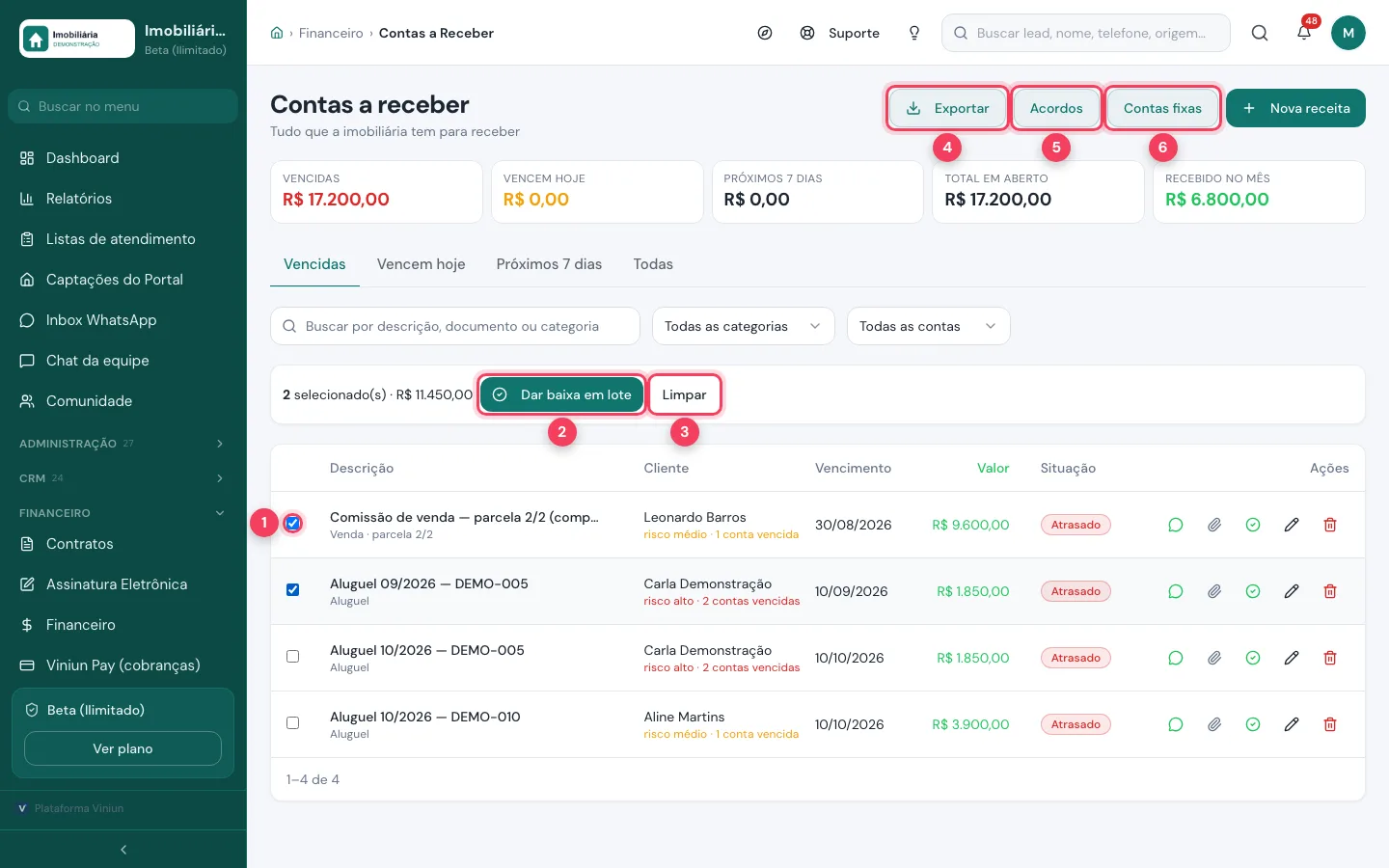 Contas a receber com duas contas selecionadas e botões Dar baixa em lote, Limpar, Exportar, Acordos e Contas fixas