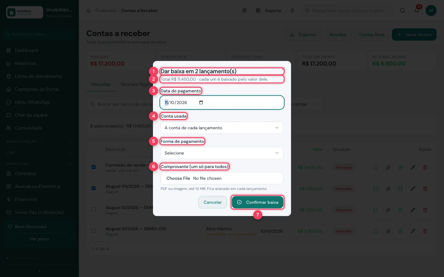 Janela Dar baixa em lote com total, data, conta usada, forma de pagamento e comprovante único