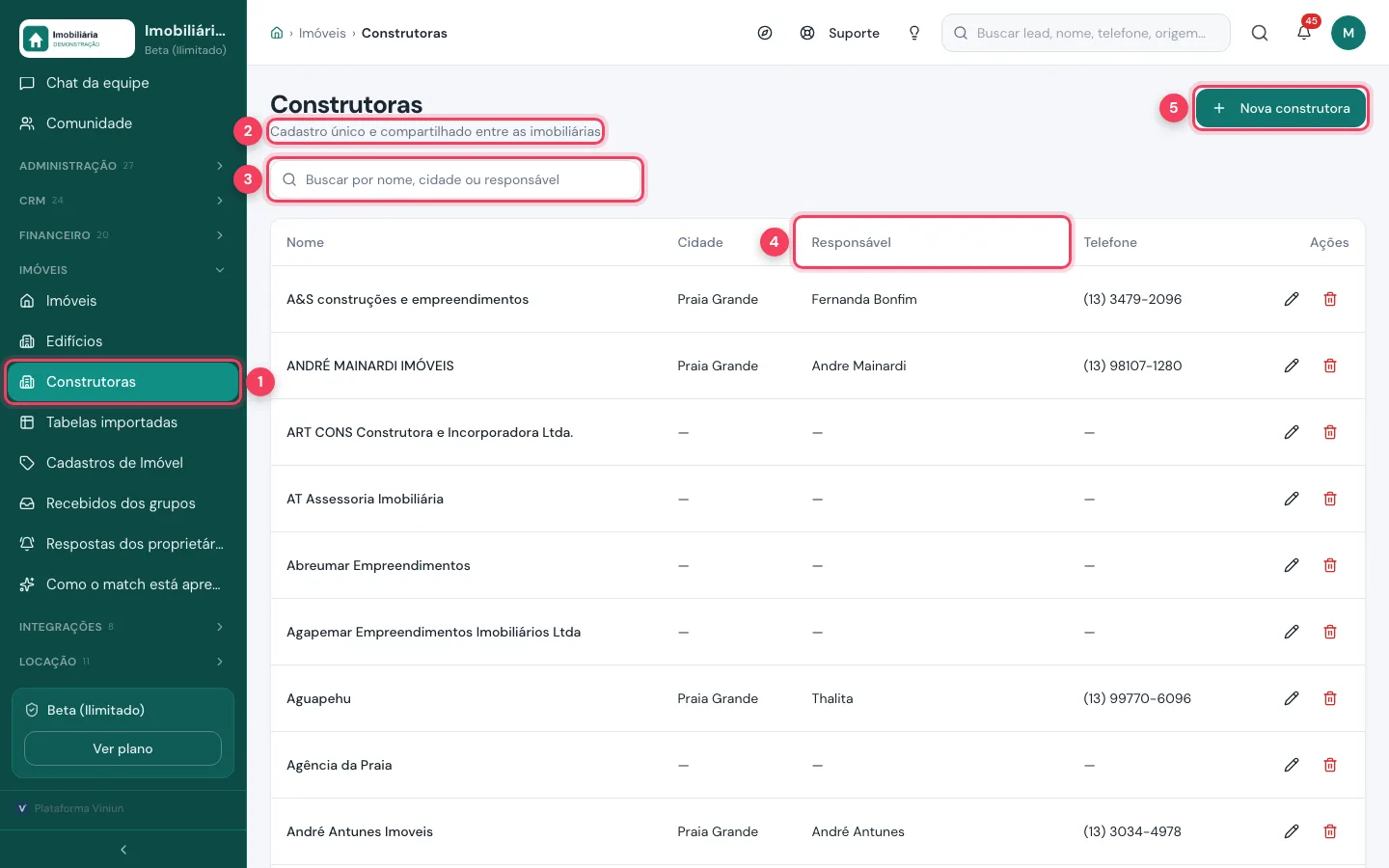 Lista de Construtoras com o menu, o aviso de cadastro compartilhado, a busca, a coluna Responsável e o botão Nova construtora marcados