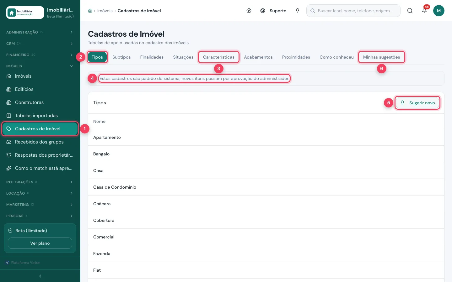 Tela Cadastros de Imóvel com o menu, as abas Tipos e Características, o aviso de cadastro padrão, Sugerir novo e Minhas sugestões marcados