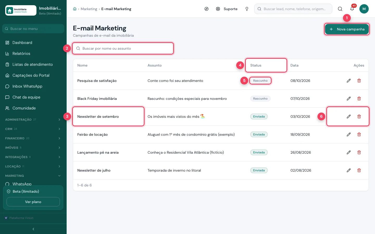 Lista de campanhas de e-mail marketing com status Rascunho e Enviada