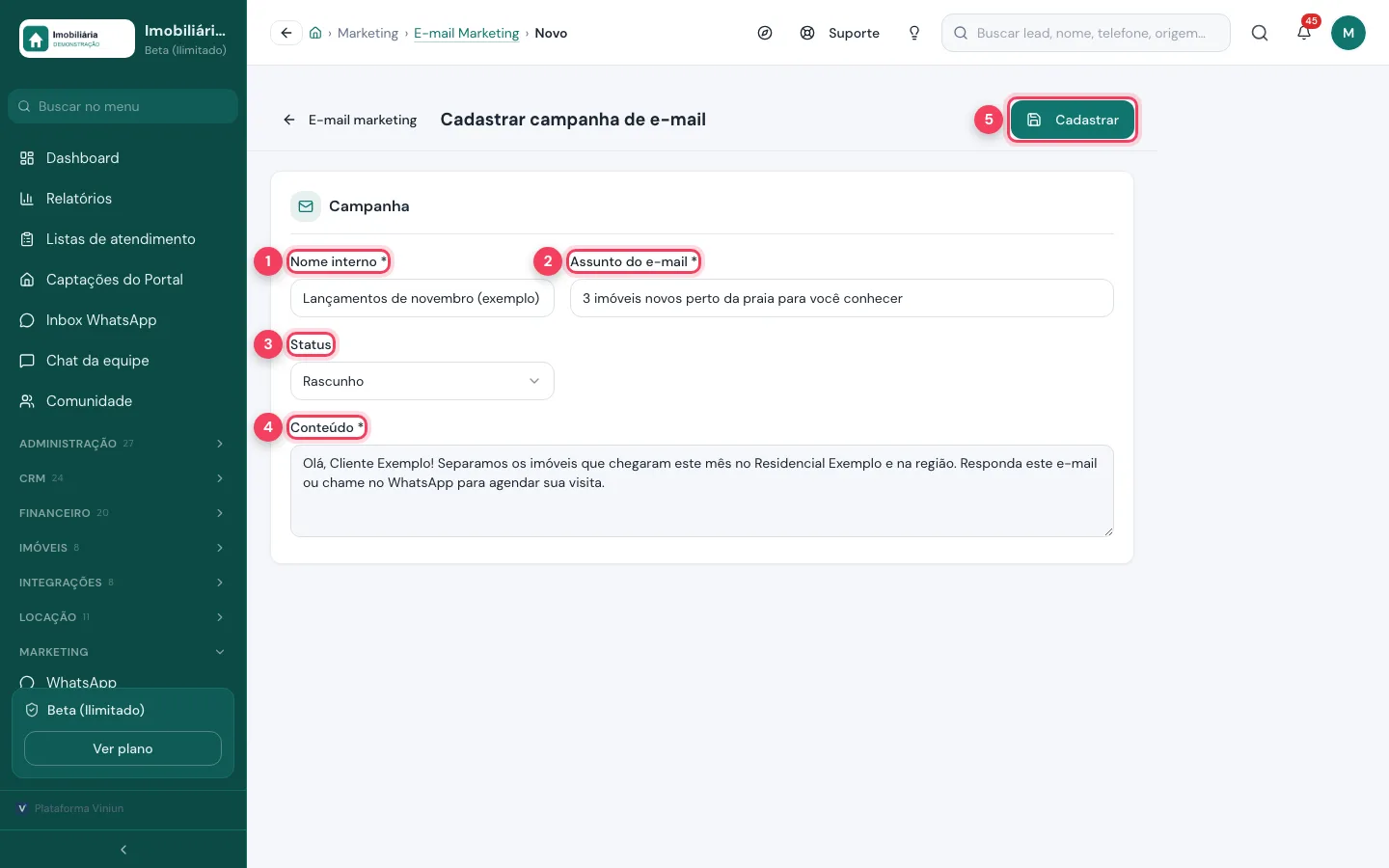 Formulário Cadastrar campanha de e-mail com nome interno, assunto, status e conteúdo