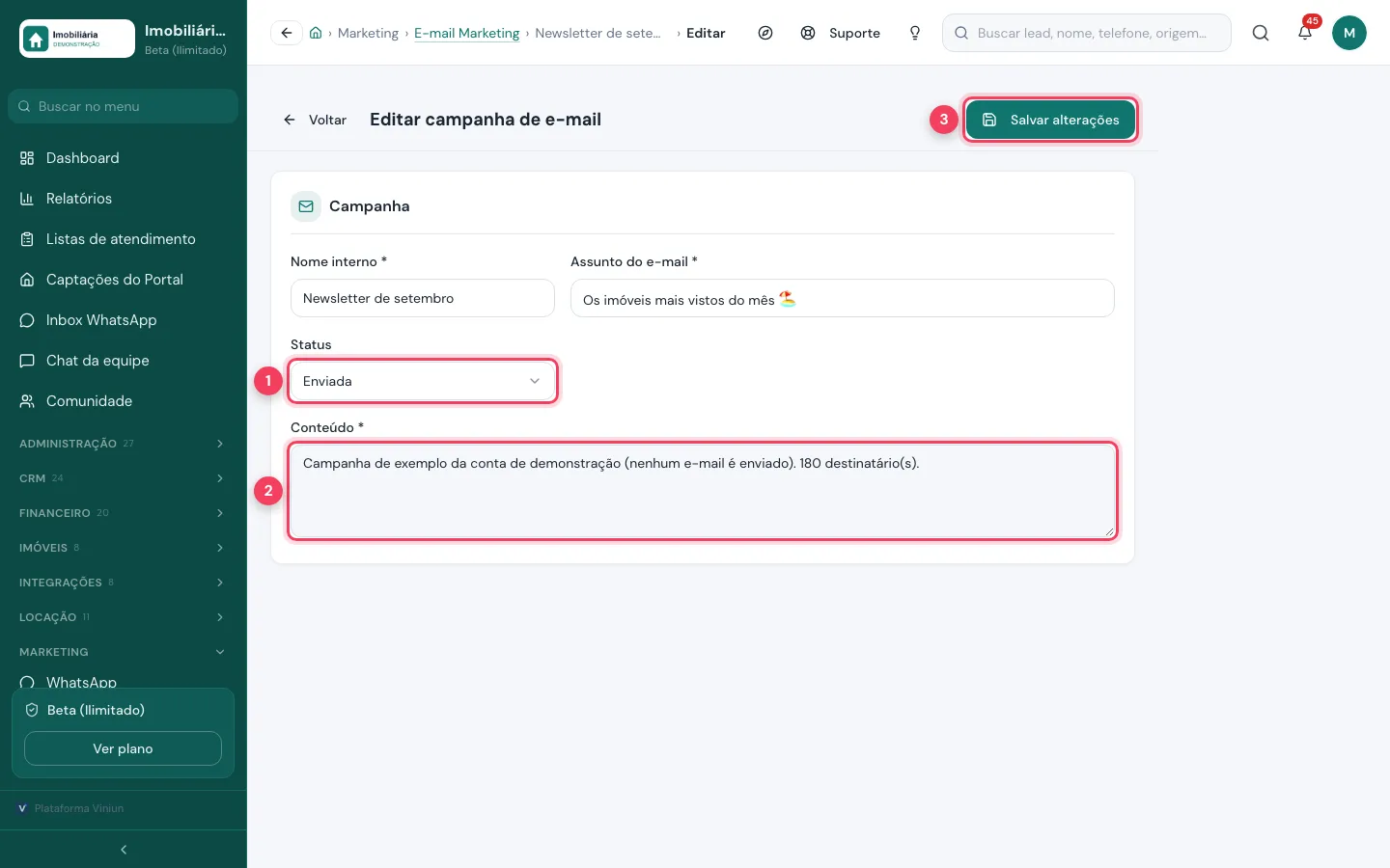 Edição de campanha de e-mail com status Enviada e botão Salvar alterações