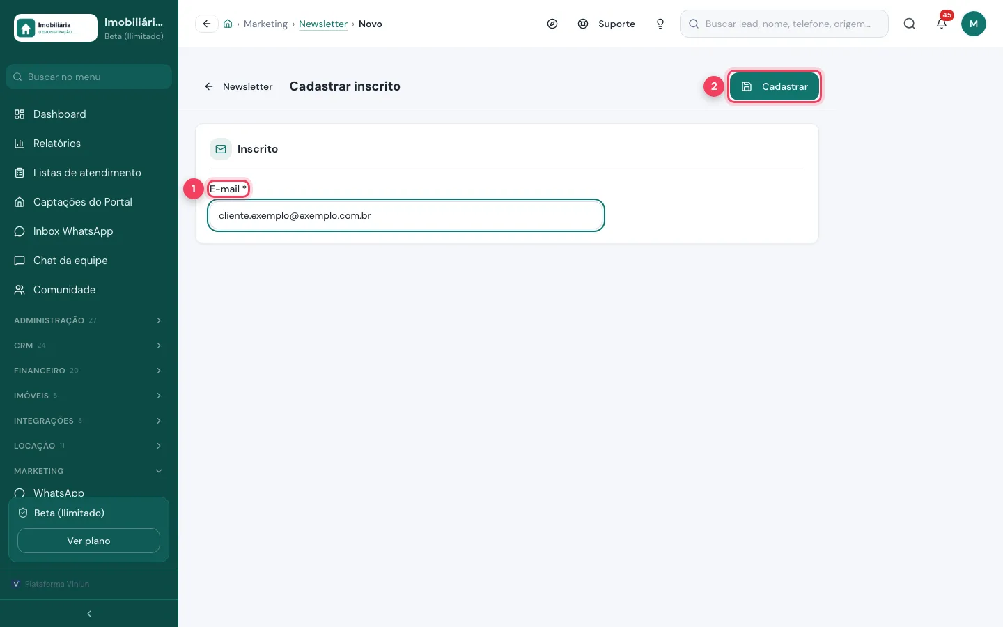 Formulário Cadastrar inscrito com o campo E-mail
