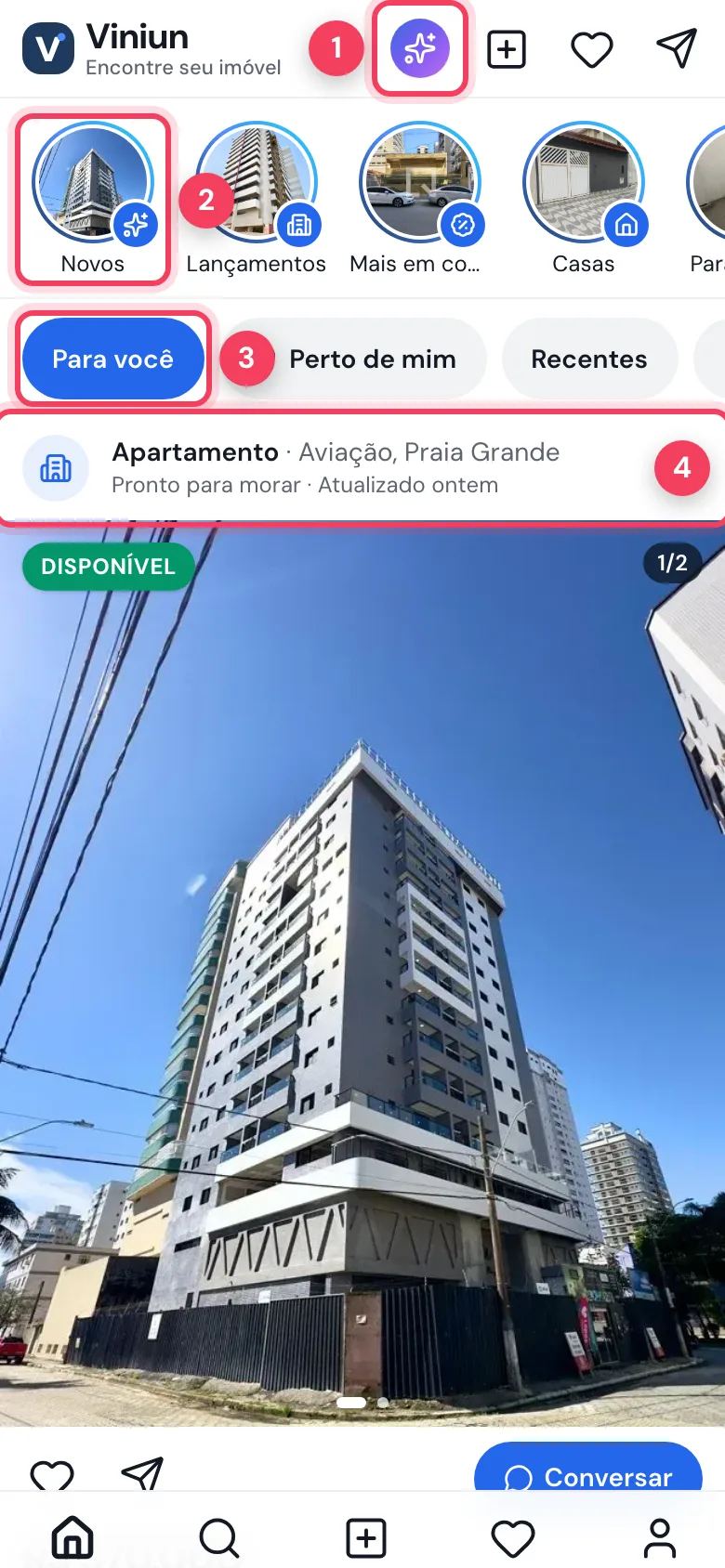 Tela inicial do Encontre seu imóvel no celular com o botão da IA, as Novidades e as abas do feed