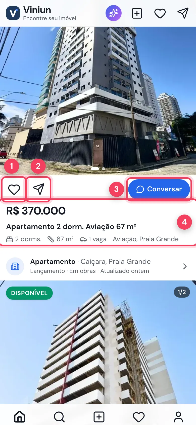 Cartão do imóvel no feed com os botões de salvar, compartilhar e Conversar