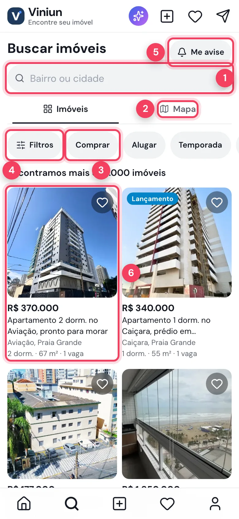 Tela Buscar imóveis no celular com a caixa de busca, as abas Imóveis e Mapa e os atalhos